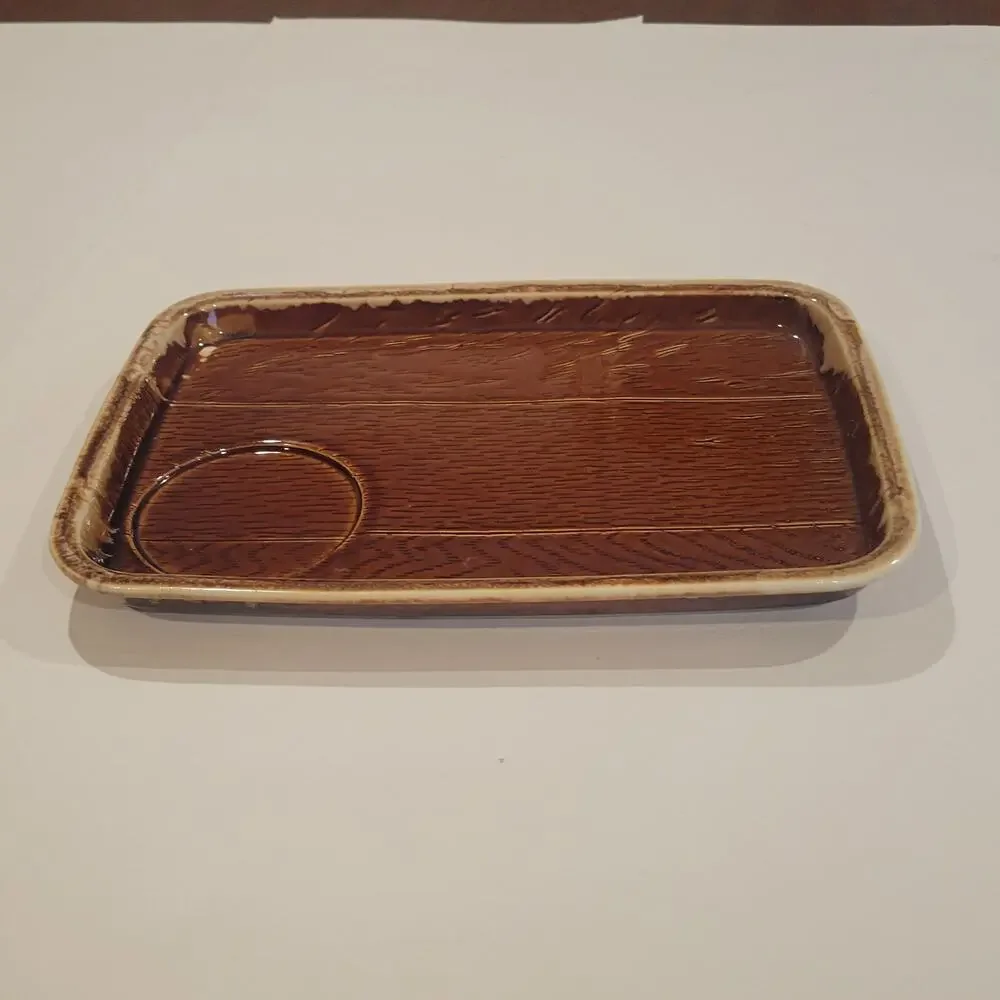 Vintage Brown Ceramic Tray Plate with cut for Cup Holder Made in USA